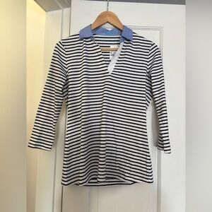 J. McLaughlin Striped V-Neck Top with Blue Collar